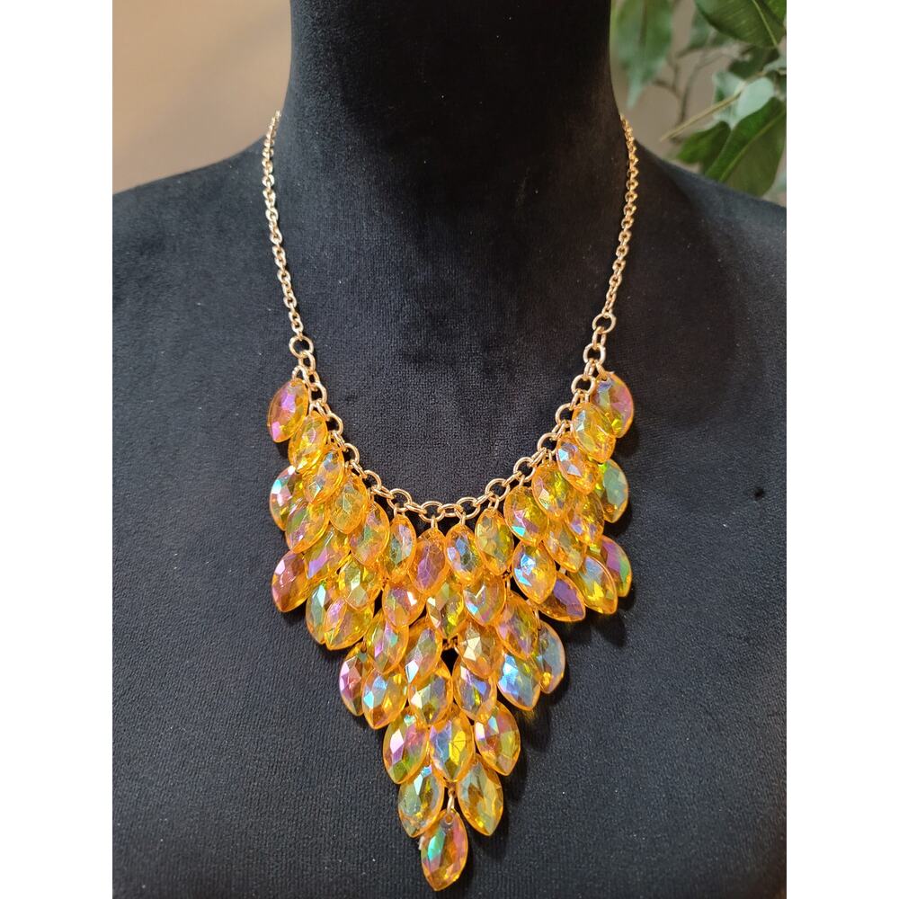 Women's Amber Crystal Leaf Bib Necklace Earring Set Gold Tone Lobster Clasp